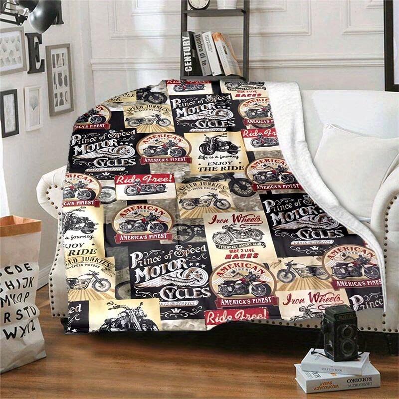 Personalized Motorcycle Blanket Name American Rider Art Soft Fleece Throw Biker Gift Home Decor Vintage Theme
