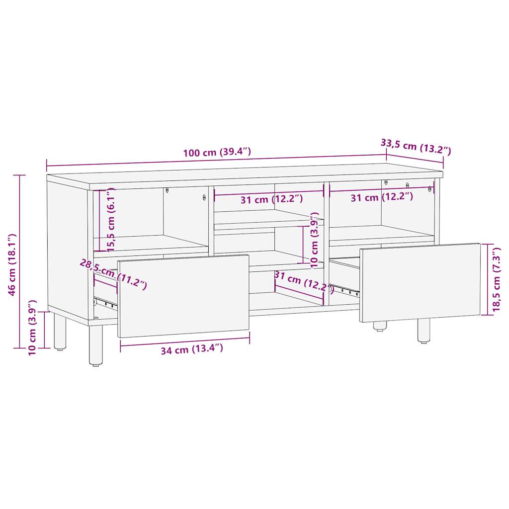 TV Cabinet Black 100 x 33.5 x 46 cm Rough Mango Wood