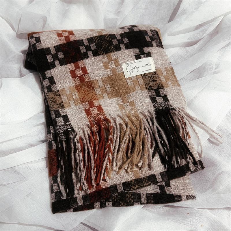 2024 Autumn/Winter New Women'S Mosaic Grid Thickened And Extended Warm Scarf With Contrast Color, High Grade Tassel Versatile Scarf And Shawl