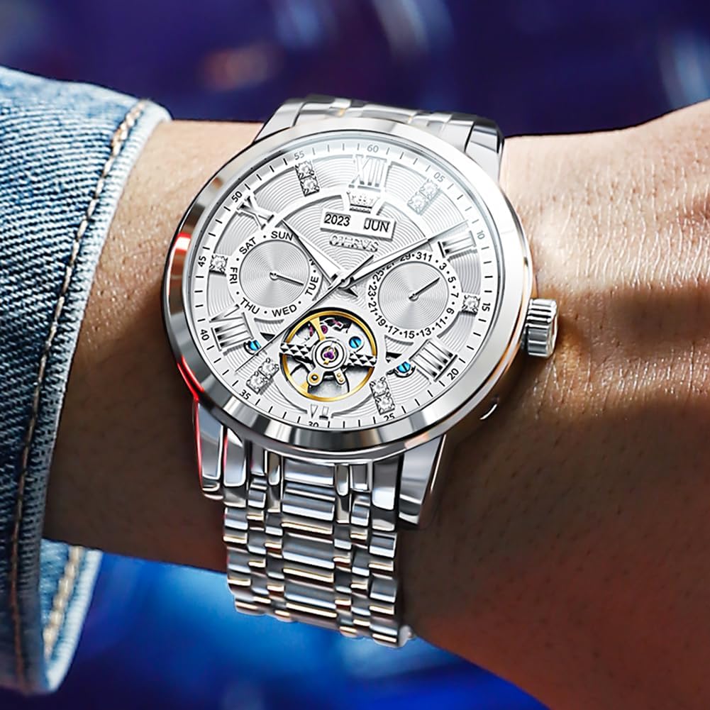 OLEVS Автоматические Вечные Металлические Часы для Мужских Часов, Механические и с Ручным Заводом, Календарь, Скелетон, Браслет, Ретро, Стильные, Мужские Часы,