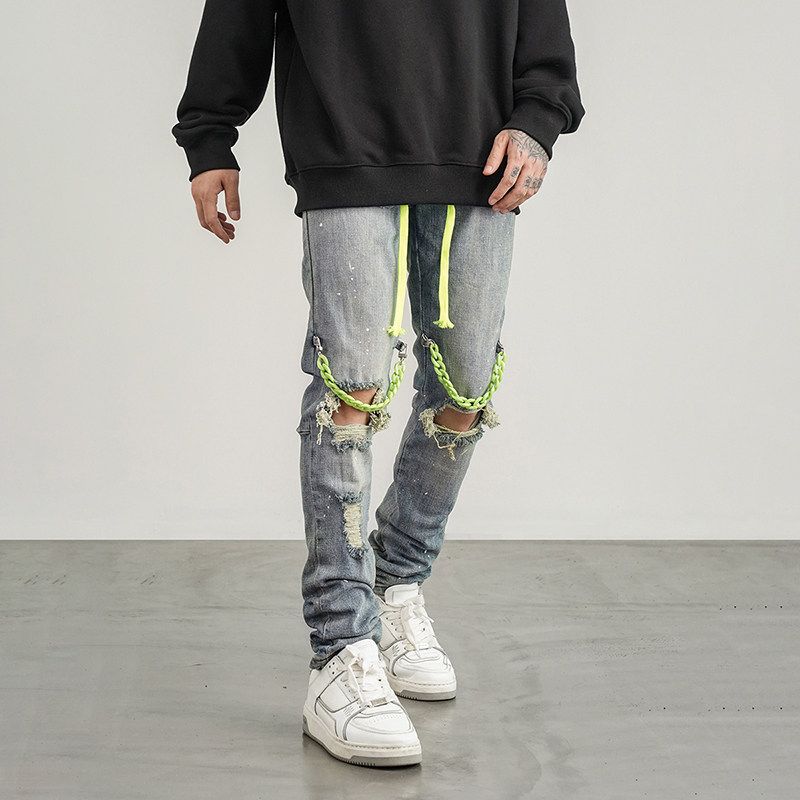 European and American High Street Style Chain-Decorated Slim-Fit Stretch Skinny Jeans Ins Trendy Rap Hip-Hop Drawstring Pants