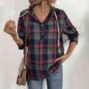 Autumn Winter Loose Long Sleeved Hooded Button Checkered Jacket T-shirt for Women