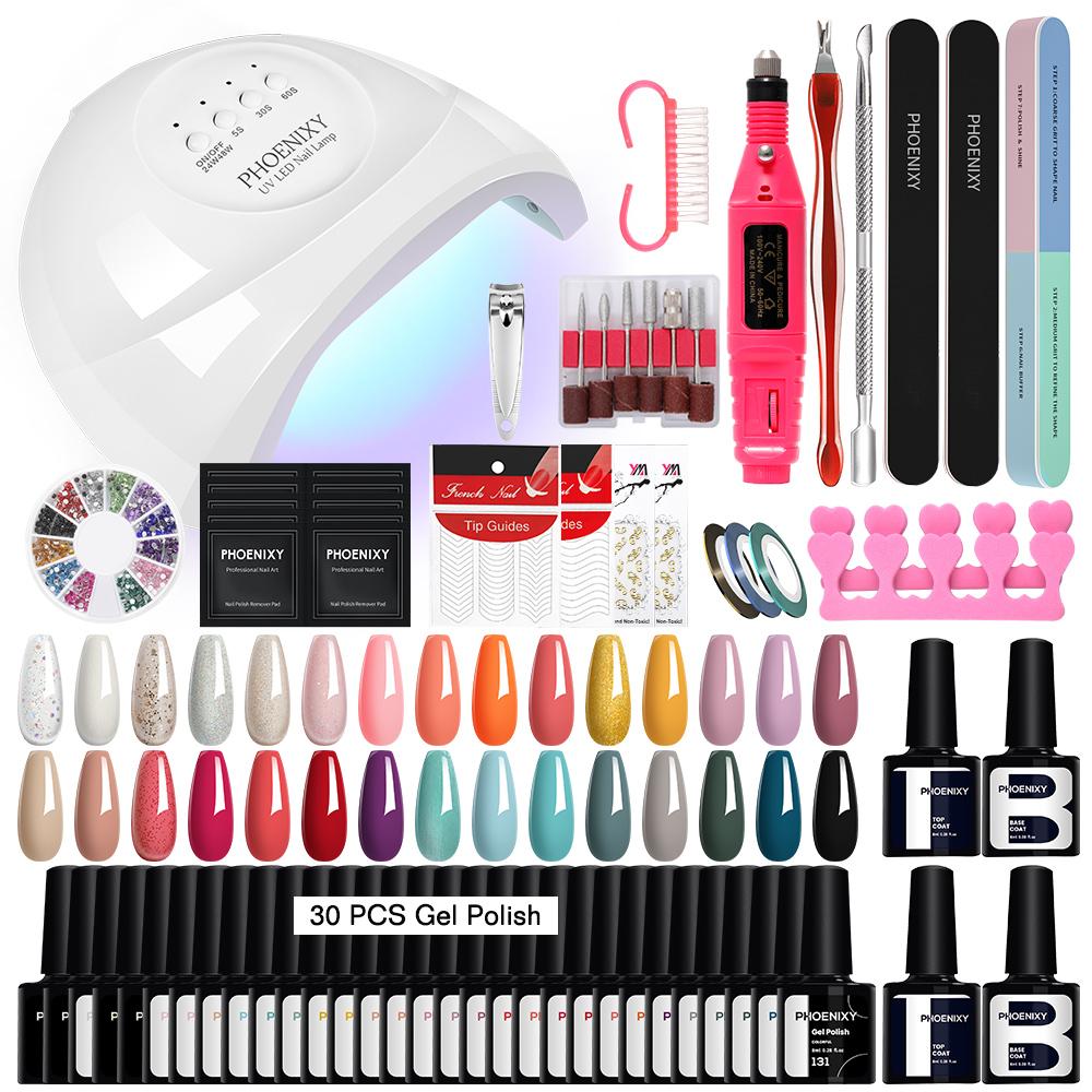 PHOENIXY 30 Colors Gel Nail Polish with USB Nail Drill Machine 48W UV LED Lamp Top Base Coat Manicure Set and DIY Nail Art Decoration Tools