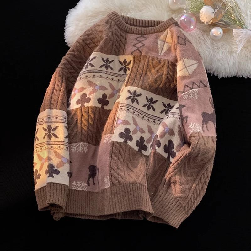 Vintage Patchwork Fried Dough Twists Round Neck Sweater Lovers Outfit Winter Port Style Graffiti Sweater Loose Pullover Lovers Knitwear Men and Women