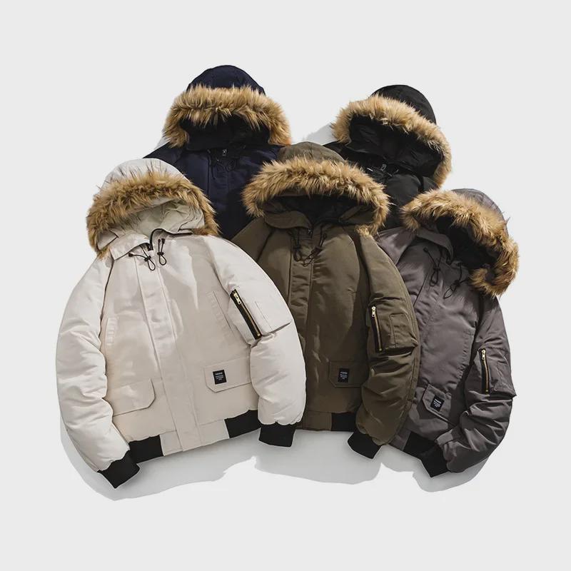 Мужская зимняя повседневная хлопковая куртка с меховым воротником и капюшоном для пар