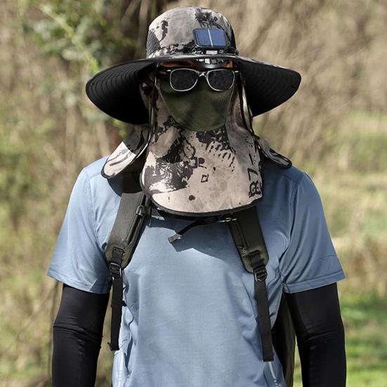 Мужская рыбацкая шляпа с солнечным вентилятором и съемной передней крышкой с большими полями и полой сеткой. Зарядка через USB. Защита от ультрафиолетового излучения и солнечного света. Отличная воздухопроницаемость.