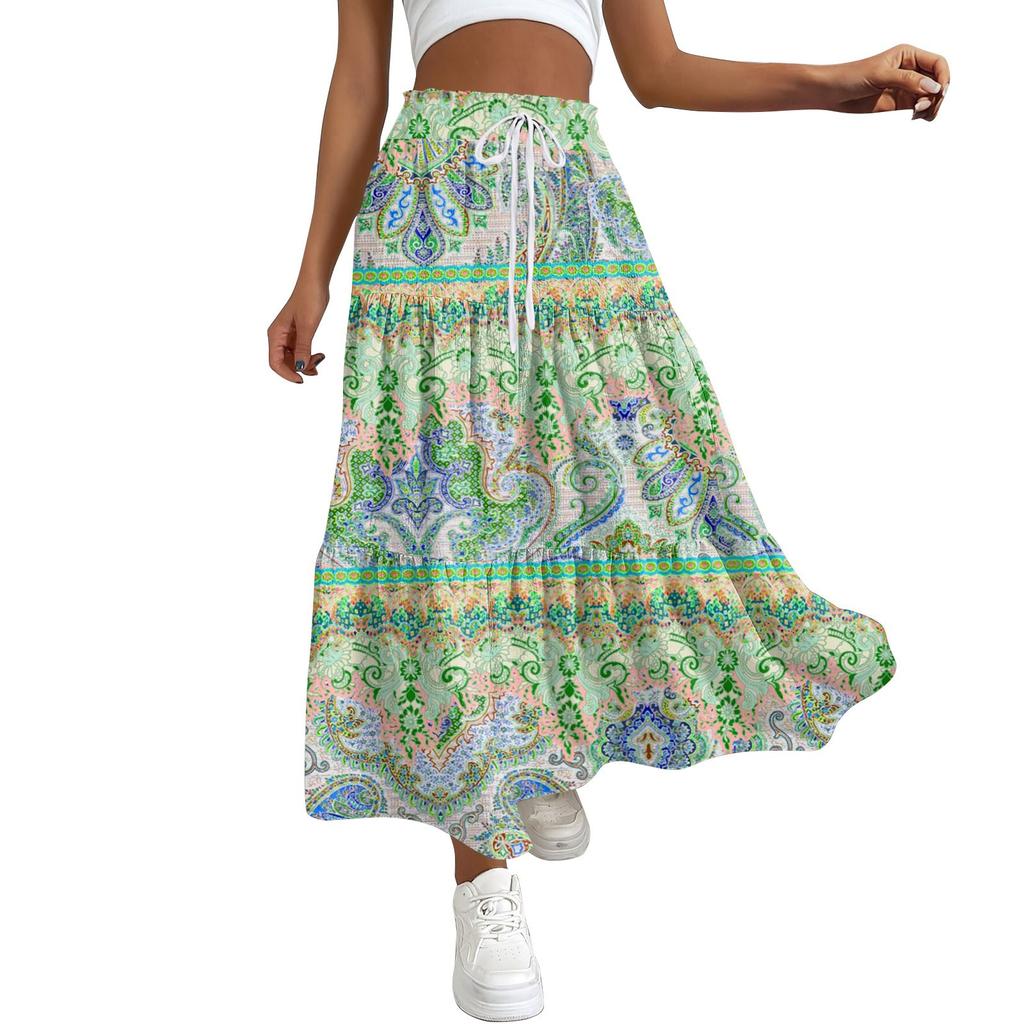 Women's Ruffled Spring Casual Long Skirt Plain Color Skirt Retro Pleated Skirt