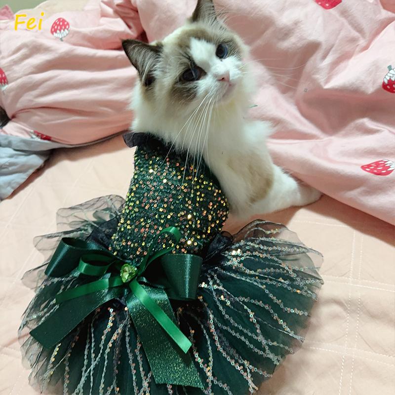 Christmas Princess Dog Dress for the Small Medium Puppy with Sequin Crystal Bow, Black, Green, Red Holiday Party Apparel Costume