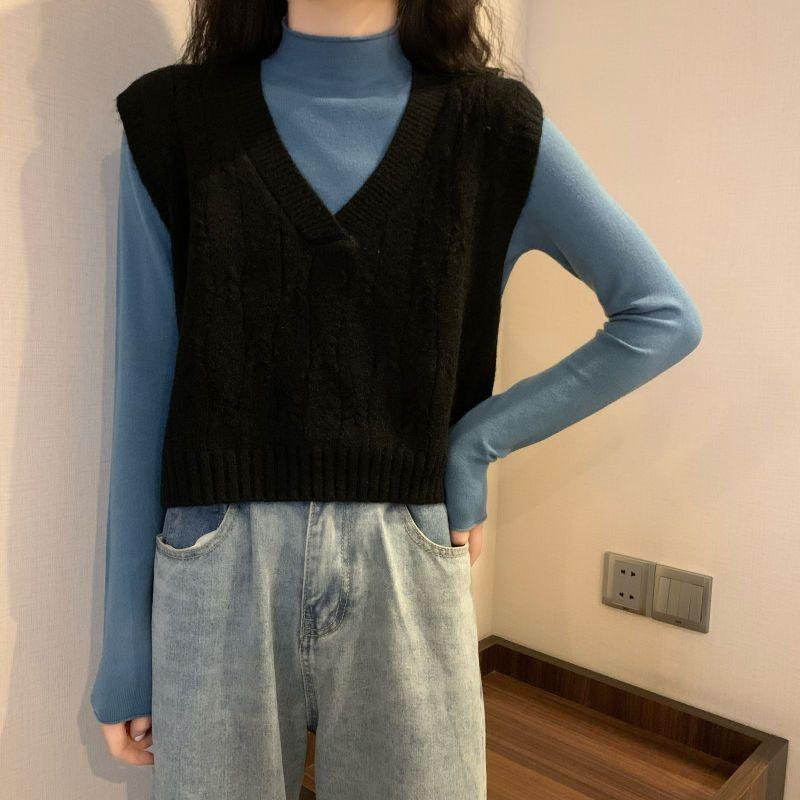 Women's Early Autumn Vest Loose V-Neck Short Sleeveless Cardigan Sweater Outer Wear Knitted Gilet Top Korean Style