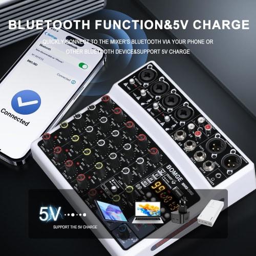 BOMGE 6-Channel DJ Audio Mixer with MP3, USB, Bluetooth, 48V Phantom Power, 5V Power Supply, and 99 DSP Echo Effects for Live Performances, Music, Kar