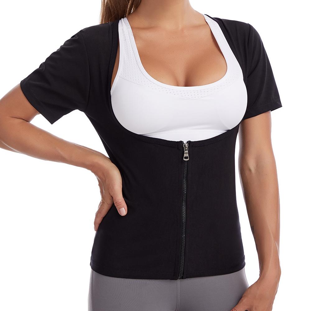 Women Sweat Vest Short Sleeve Waist Trainer Tops Zipper Compression Shirts Heat Trapping Sauna Suit Fitness Slimming Body Shaper Workout Cropped