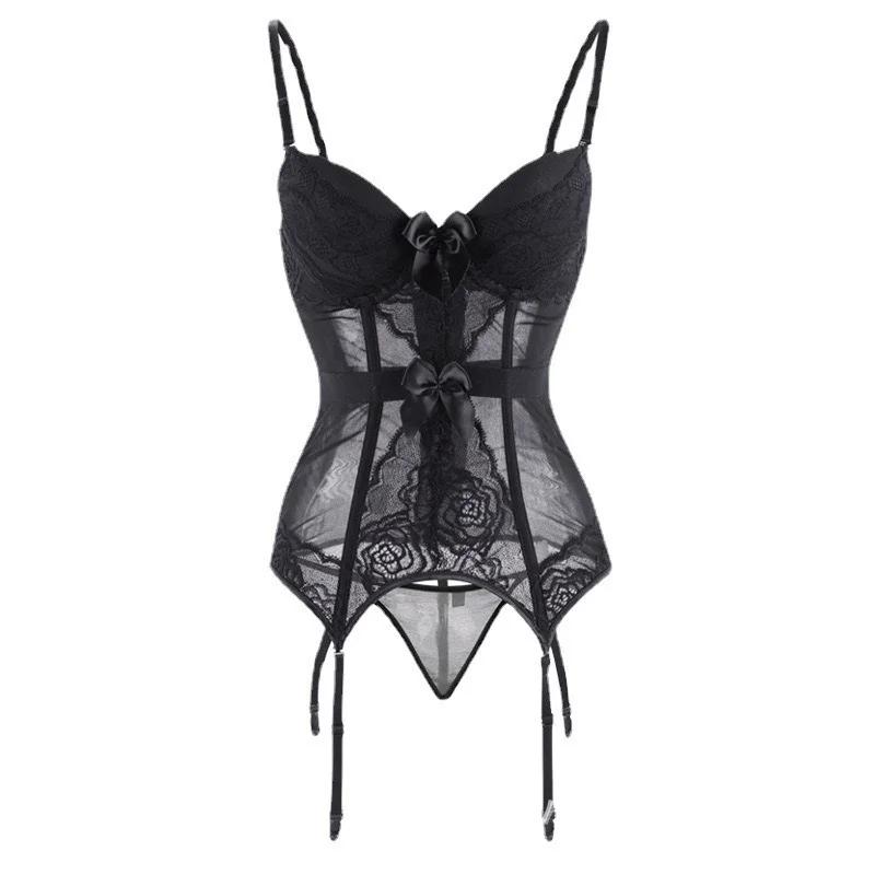 Женский сексуальный топ-корсет с стрингами и подвязками, ультратонкое облегающее нижнее белье, порно-костюм, прозрачная ночная одежда с цветочным кружевом, клубная одежда