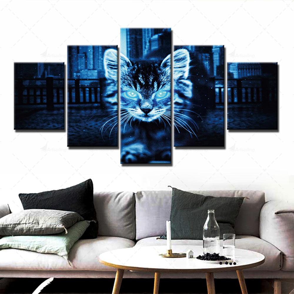 Canvas Painting Home Animal Decoration Wall Art Print Modular Cat Picture Modern Technology Poster For 5 Panel Living Room Frame
