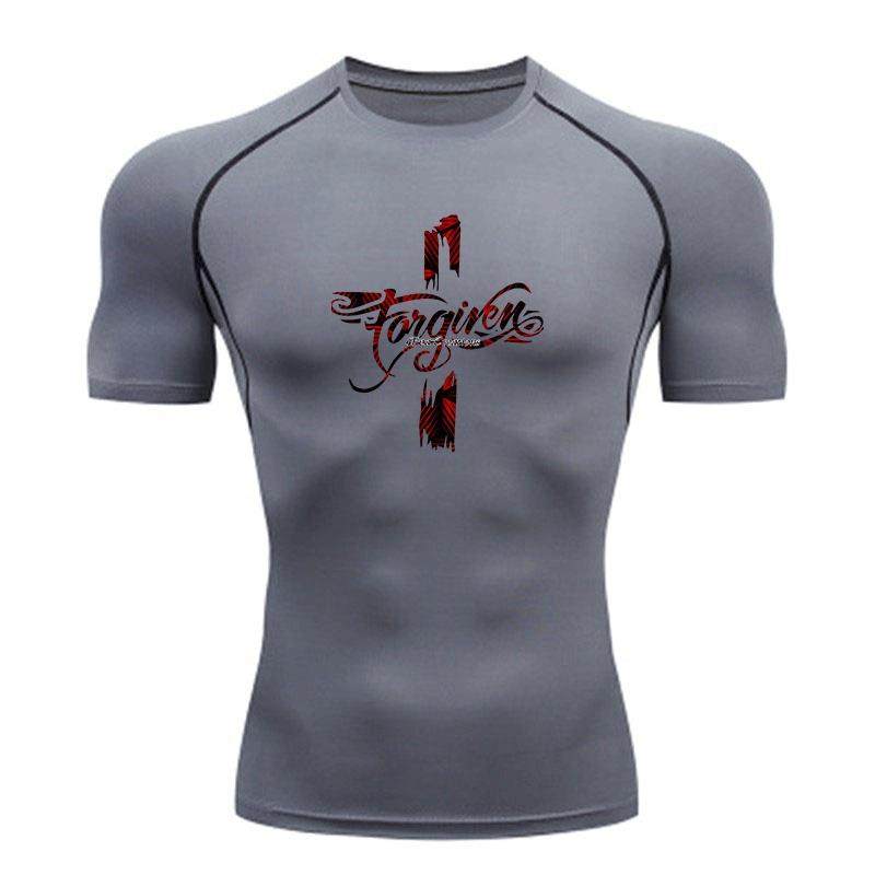Men's Compression Fitness Sports T-Shirt, Forgiven Cross Graphic Print Quick Dry Breathable Athletic Workout Top for Gym Training Running Activewear