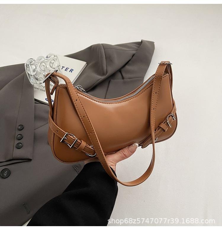 Premium sense baguette bag 2025 new product Internet celebrity live broadcast solid color belt zipper fashion shoulder underarm bag messenger bag