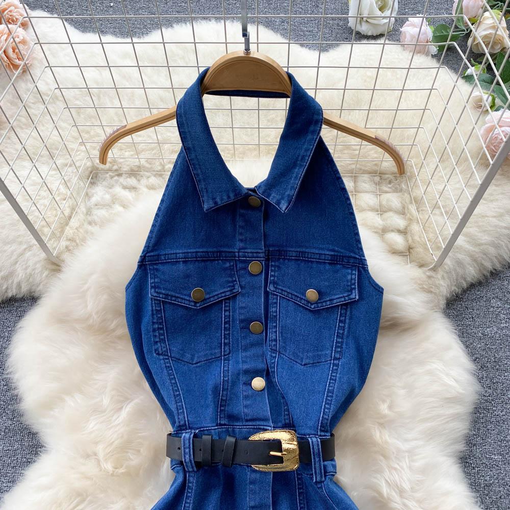 Женское новое модное сексуальное однобортное джинсовое платье с бретелькой на шее, тонкое облегающее платье без рукавов с запахом, облегающее клубное джинсовое платье