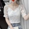 Женская летняя кружевная рубашка с короткими рукавами, французский квадратный воротник с пузырьковым воротником, короткий шифоновый топ, тонкие и тонкие футболки с v-образным вырезом