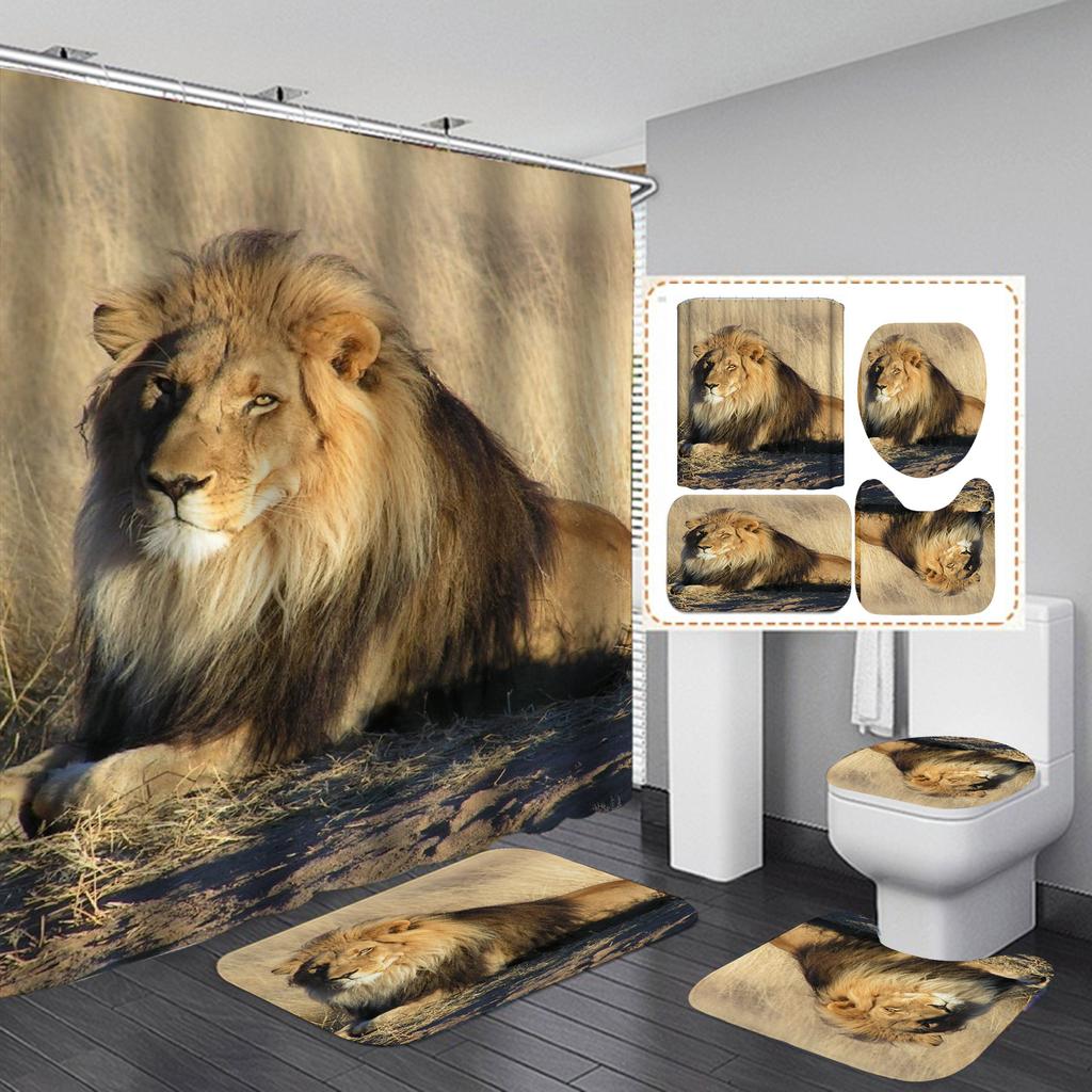 4 шт. наборы занавесок для душа серии Lion для ванной комнаты, нескользящие коврики для ванной комнаты, крышка для унитаза, коврик для ванной