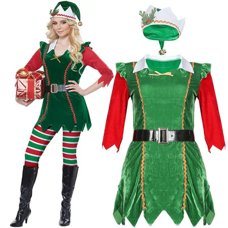 Santa Claus Helper Cosplay Women Dress Green Christmas Elf Costume For Adult Xmas Workshop New Year Outfits Women