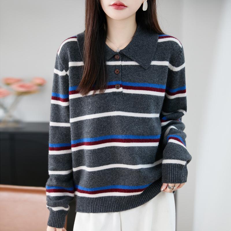 Korean Striped Knit Polo Sweater - Women's Autumn/Winter, Thick & Warm, Age-Reducing, Versatile Top