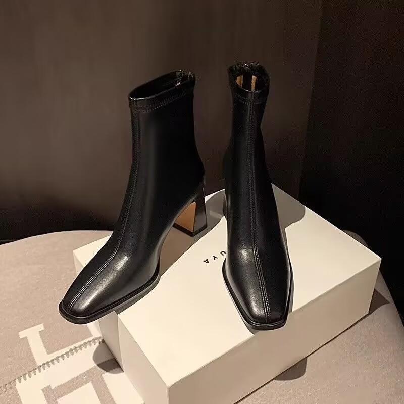 Square Toe Women Ankle Boots Elegant High Heels Leather Shoes Woman Winter 2025 Trend Party Office Shoes Fad Chunky Botas Mujer