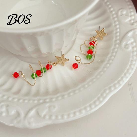 Elegant Winter Party Jewelry 1 Pair Christmas Dangle Earrings for Women, Glitter Star Spiral Faux Festive Long Pendant Crystal Beads Tree Shaped