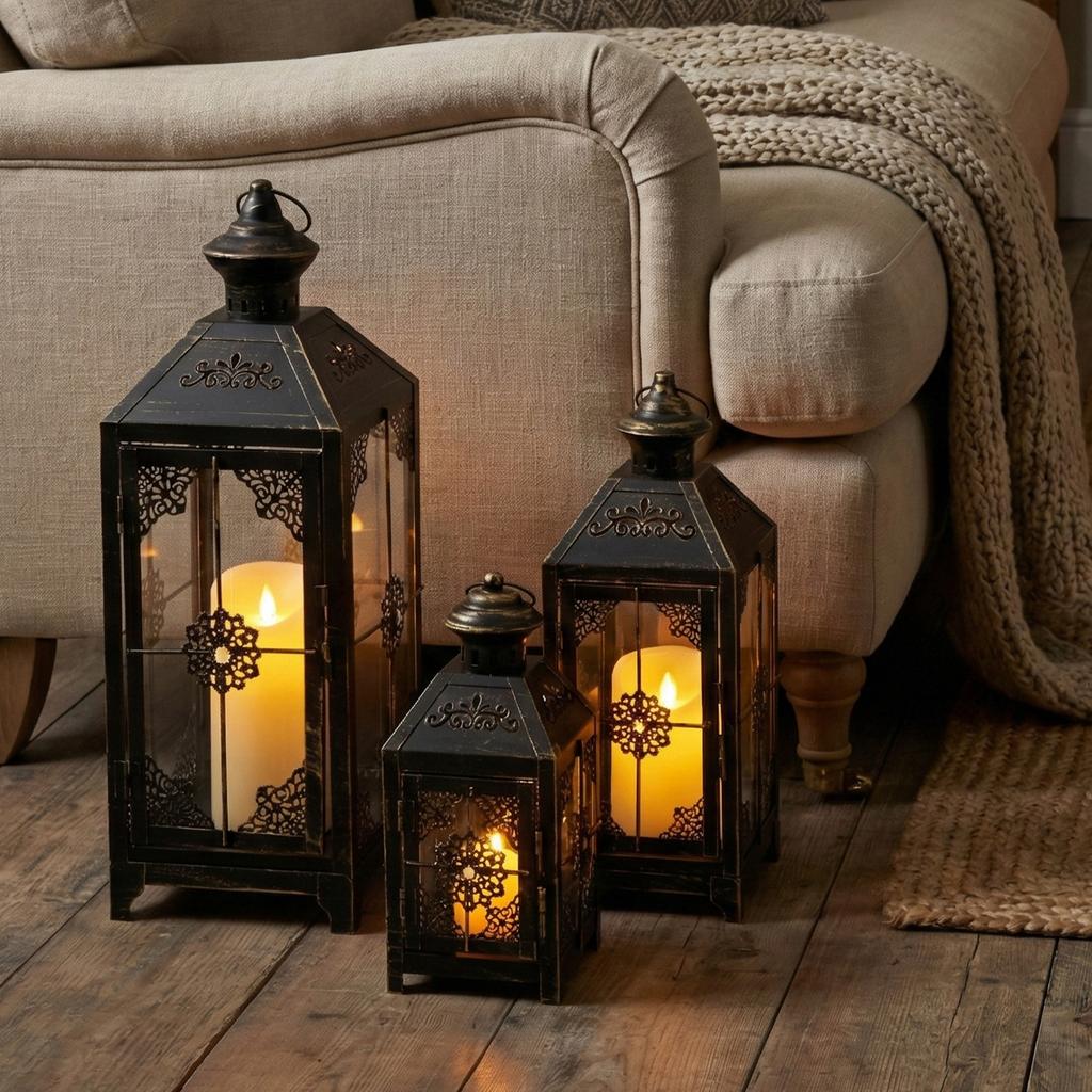 Set of 3 Iron Lantern Vintage Large Floor Lantern With Exquisite Lace Perfect for Decoration Gifts