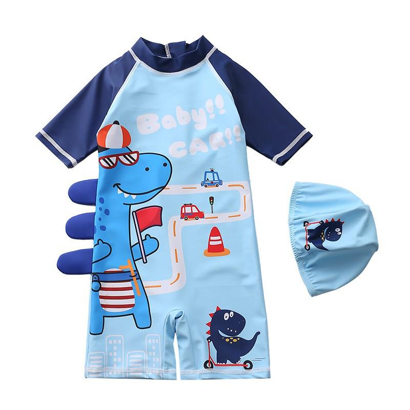 New Style European-American Boys' Dinosaur Color Block Swimwear Set - One-Piece & Two-Piece Options