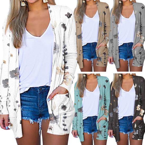 Women Summer Cardigan Sun Protection Anti-UV Beach Cover-up Long Sleeve Vintage Flower Print Patch Pockets Soft Breathable Mid Length Lady Jacket