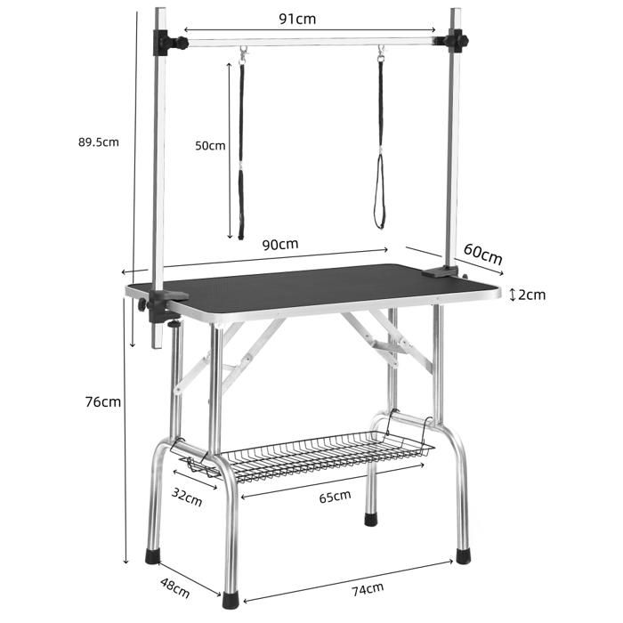 Professional Foldable Pet Grooming Table 90x60x76cm with Arm Portable Stand Leash Shelf Net Black Max 60kg