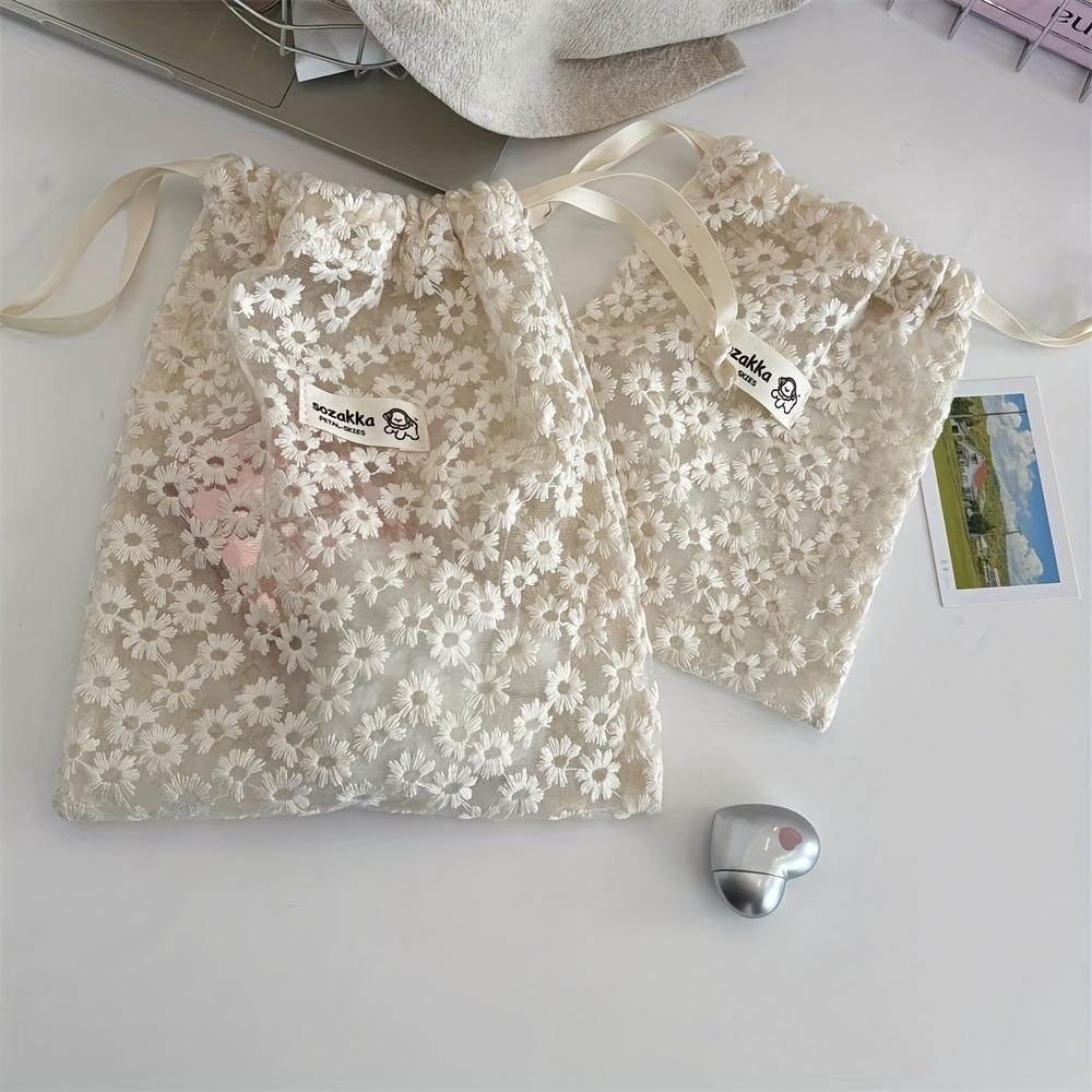 Mesh Embroidered Daisy Drawstring Storage Bag - Cute Lightweight Travel Organizer for Skincare & Toiletries, Beige, Hand Wash Only