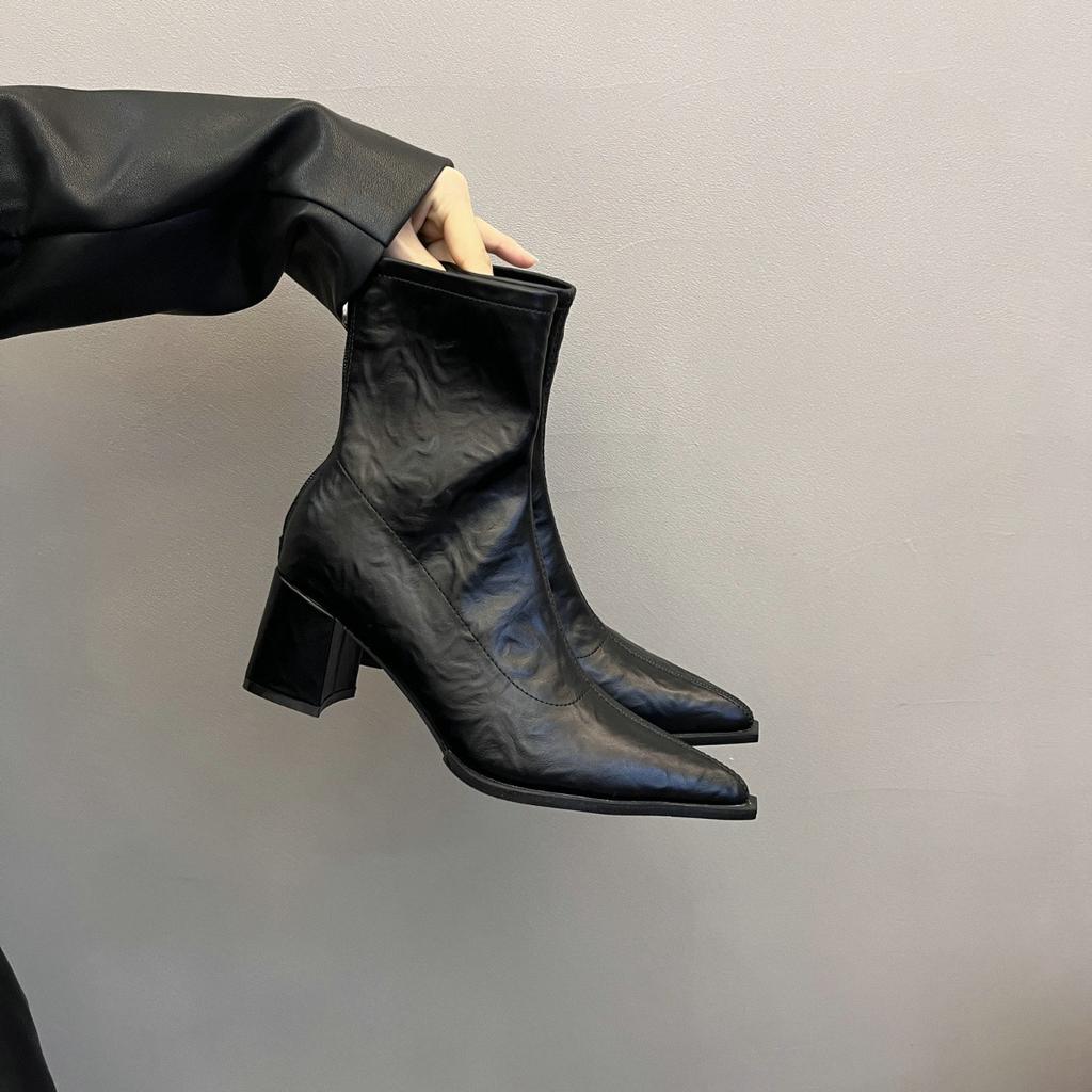 Женские короткие ботинки Острый носок Корейский однотонный Нескользящие Высокие каблуки Толстый каблук Удобная обувь Botas Mujer