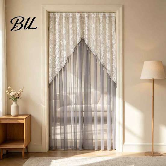 Embroidered Gauze Room Divider Sheer Floral Door Curtain with Beads, Lace Translucent Privacy Panel Divider, Rod Pocket Doorway for Bedroom