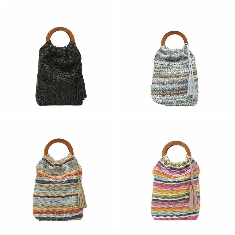 Hollow Out Rainbow Woven Handbag Bohemian Style Underarm Bag Simple Summer Bucket Bag  Holiday