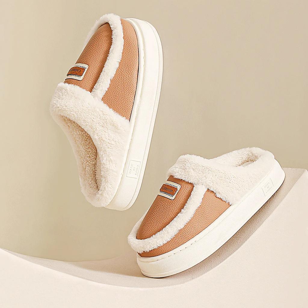 Женские тапочки из хлопка на толстой подошве, зима 2025 г., плюшевые теплые парные тапочки из искусственной кожи, удобные домашние тапочки из хлопка с нескользящим покрытием