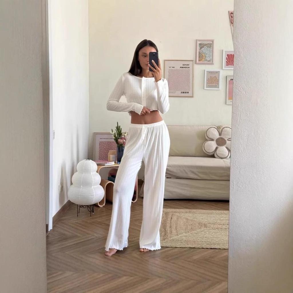 2025 Европейский и Американский Вязаный Комплект из Хлопкового Смесового Материала с Длинным Рукавом и Брюками для Осени/Зимы