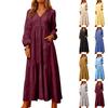 Women's Fashionable Solid Color V-neck Long Sleeved Loose Button Cotton Linen Retro Large Swing Long Casual Dress