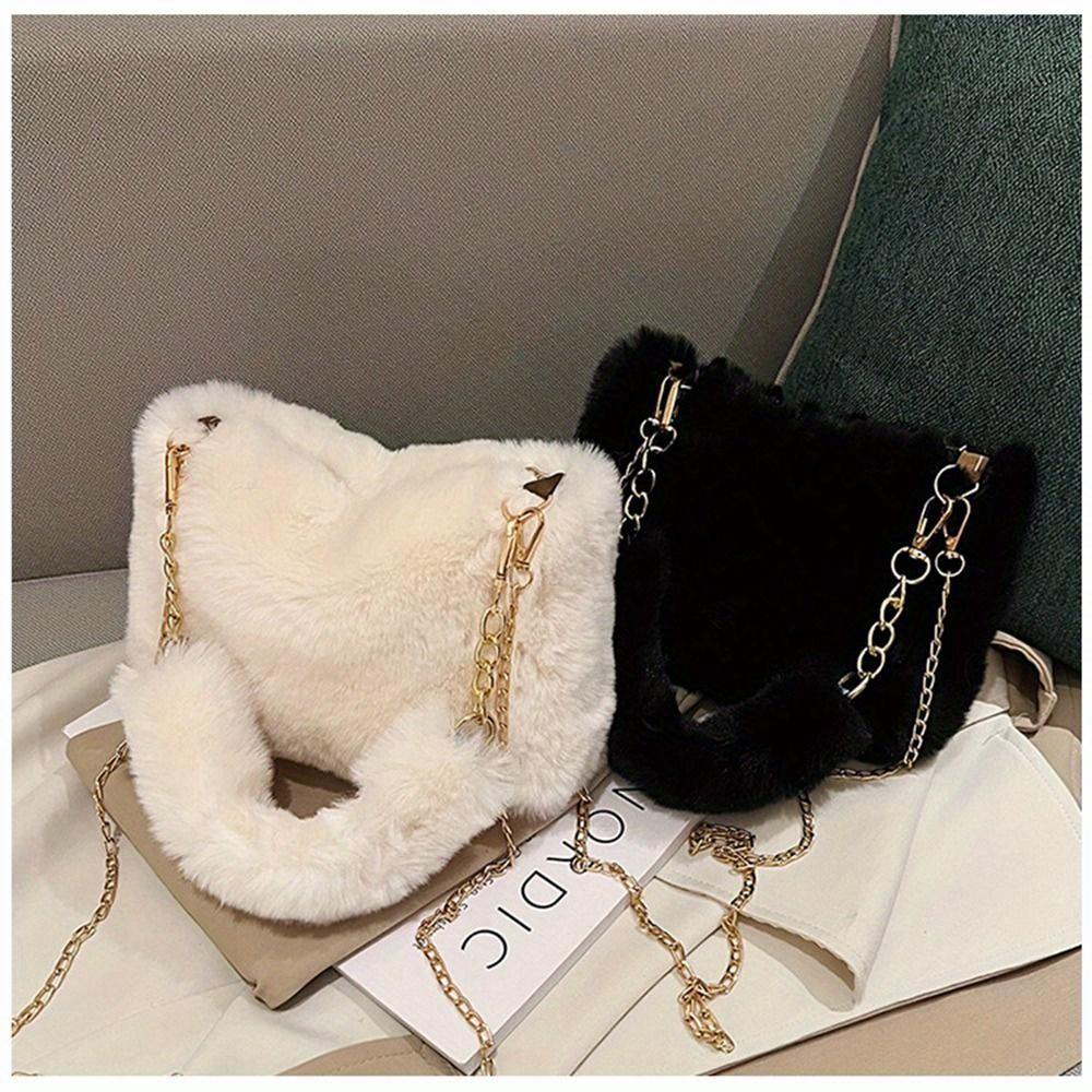 Women Fluffy Shoulder Bags Female Winter Chain Underarm Bag Solid Color Handbag Soft Plush Handle Bag