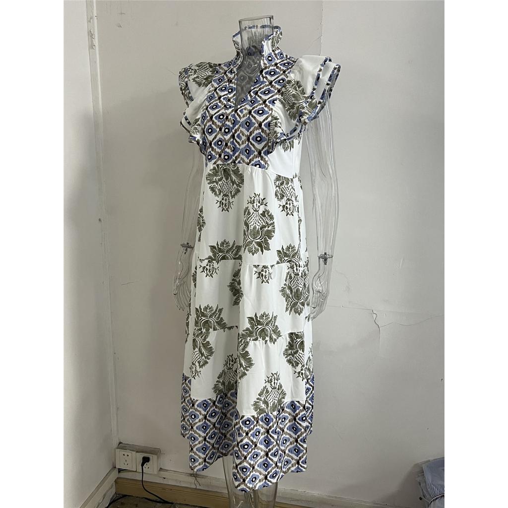 Women's Summer Flying Sleeves V-neck Dress Floral Print Stand Collar Midi Dress