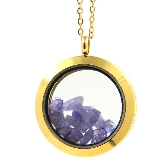 Pierres et Minéraux. Collier Tanzanite brut. Modèle Médaillon 30 mm. Couleur Or.