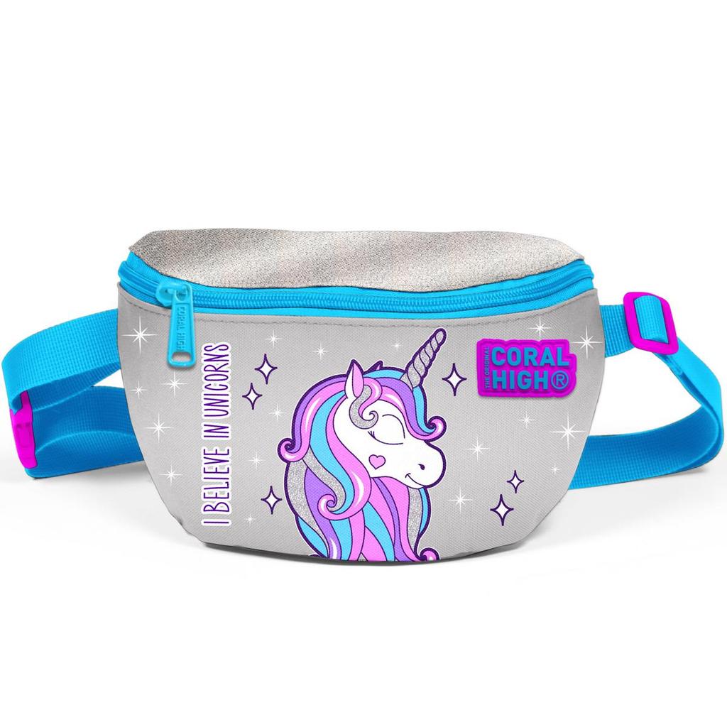 coral high Kids Pink Silver Unicorn Patterned Waist Bag 22490