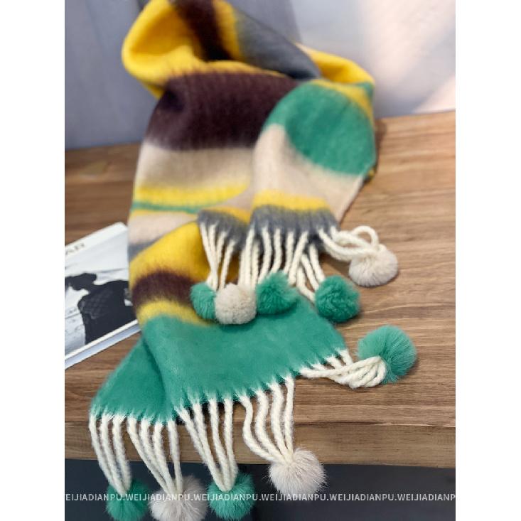 A Cute And Versatile Scarf With A Fashionable Design For Women Featuring Thick Woolen Balls Brushed Hair Tassels And Striped Stripes
