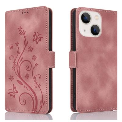 Чехол для iPhone 15 Dreamy Butterfly Love Flower из тисненой кожи(Розовое золото)