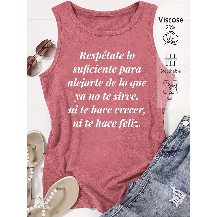 Elegant Vest for Women Spanish self-respect quote printed casual loose summer vest Fashionable and elegant tops for commuting, vacation, and everyday