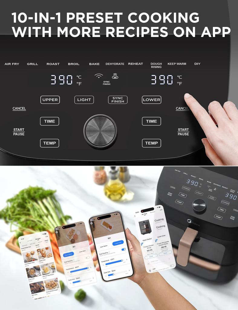 Аэрофритюрница, Midea, Двухъярусная, Умная WiFi-синхронизация с Alexa, 11 л XL Вертикальное пространствосбережение