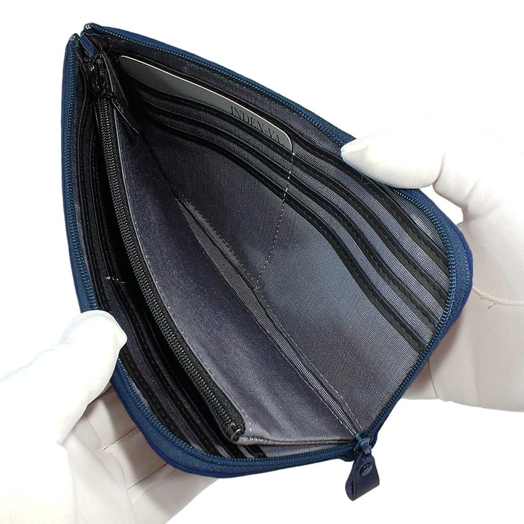 Inden Long Bundle Navy Blue X White Hydrangea Pattern [Indenya] Wallet, A, L-shaped Zipper, Deerskin, Lacquer, 2315-14-174