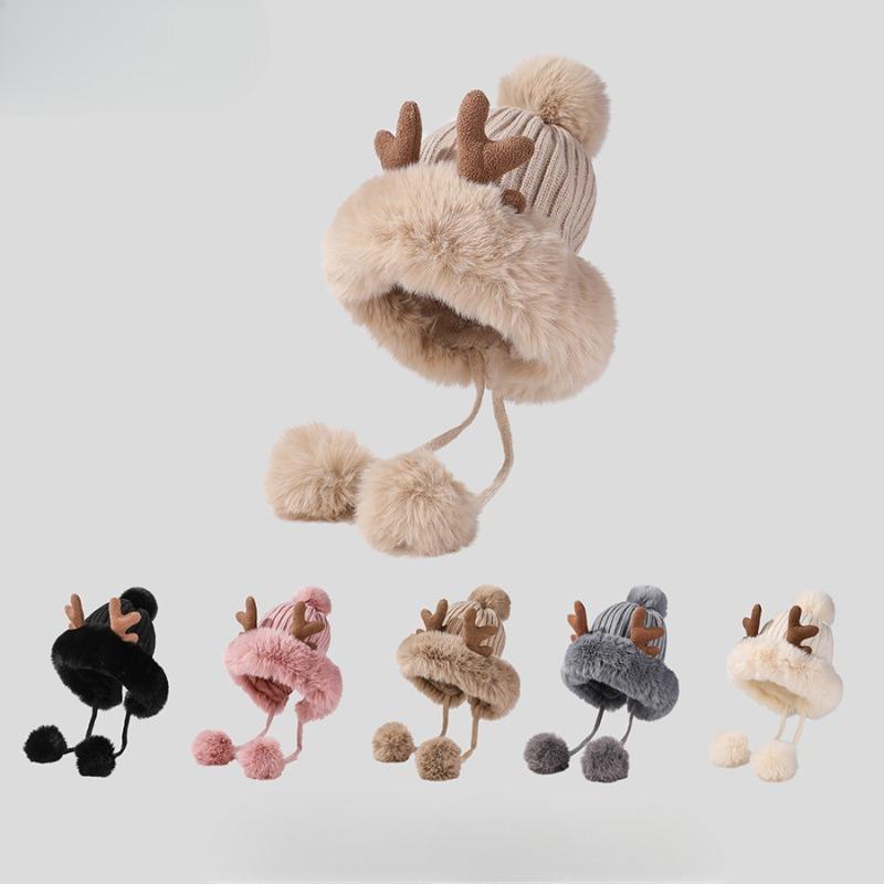 Милая плюшевая вязаная шапка из рогов оленя на осень-зиму из трех шерстяных клубков пряжи, простая модная теплая шапка для женщин