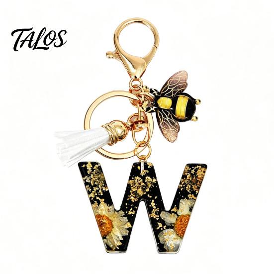 Talos Black Series Keychain Pendant, Dried Flower Initial Letter Charm Key Chain with Bee Tassel Design, A-Z Holder for Bag Purse Backpack