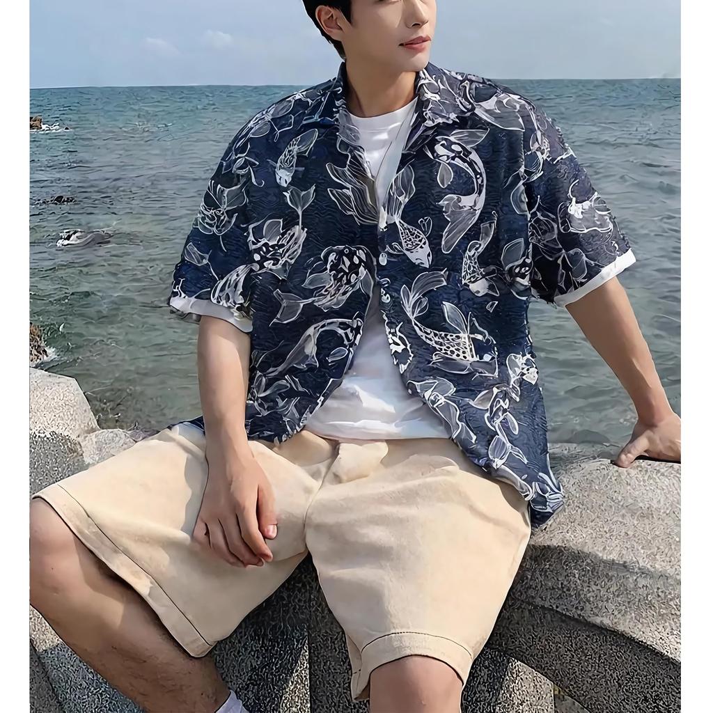 Stabbon Long Sleeve Floral Aloha Summer Plus Goldfish Stylish Japanese Hawaiian Open Ultra Breathable Men's Shirt, Size, Print, Beachwear, Pattern,