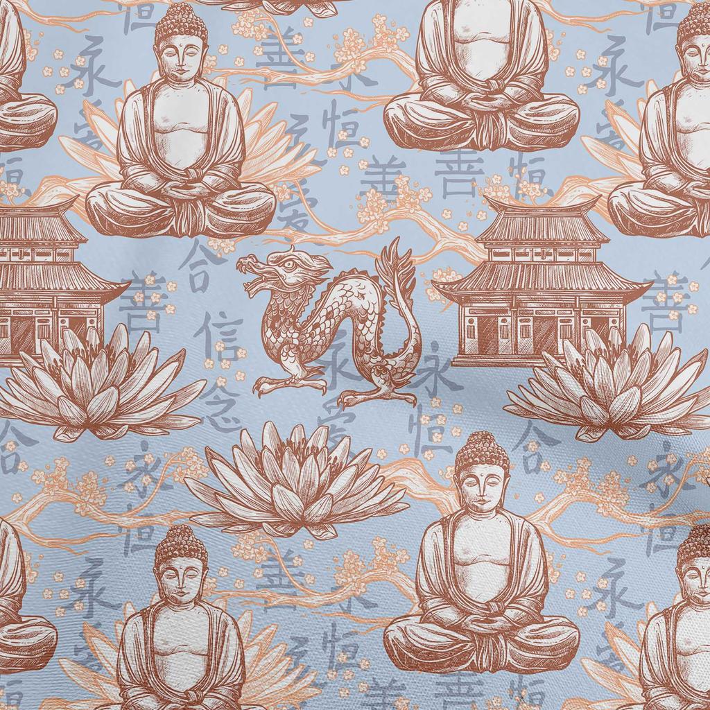 oneOone Cotton Flex Blue Fabric Asian Buddha Dress Material Fabric Print Fabric By The Yard 40 Inch